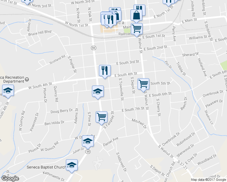 map of restaurants, bars, coffee shops, grocery stores, and more near 100 East South 5th Street in Seneca