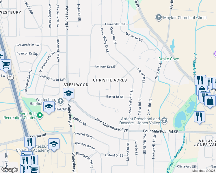 map of restaurants, bars, coffee shops, grocery stores, and more near 702 Harding Way Southeast in Huntsville