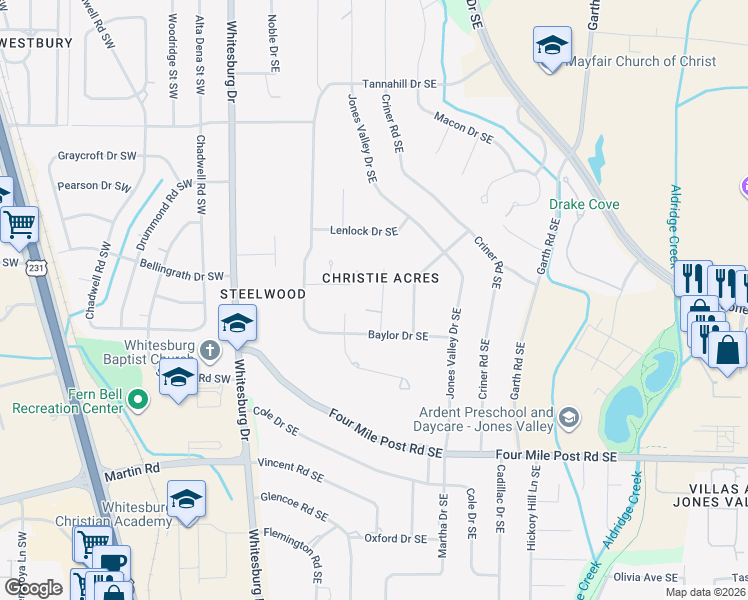 map of restaurants, bars, coffee shops, grocery stores, and more near 702 Harding Way Southeast in Huntsville