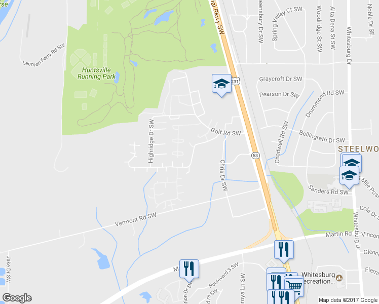 map of restaurants, bars, coffee shops, grocery stores, and more near 4105 Hunters Ridge Drive Southwest in Huntsville