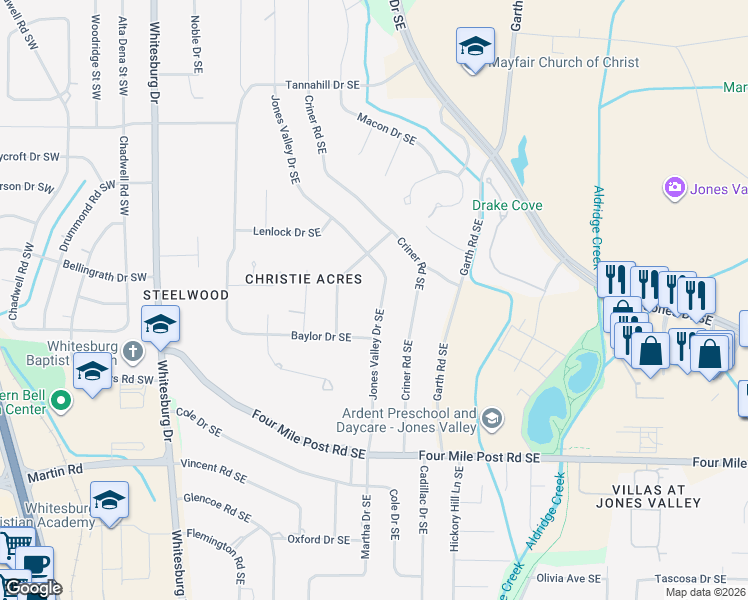 map of restaurants, bars, coffee shops, grocery stores, and more near 6812 Jones Valley Drive Southeast in Huntsville