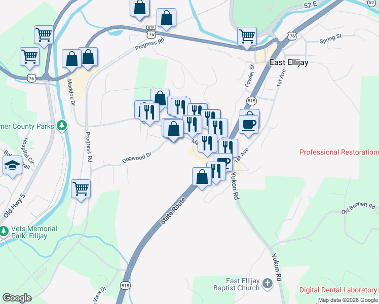 map of restaurants, bars, coffee shops, grocery stores, and more near 123 Maddox Circle in East Ellijay