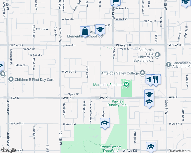 map of restaurants, bars, coffee shops, grocery stores, and more near 43738 Buena Vista Way in Lancaster