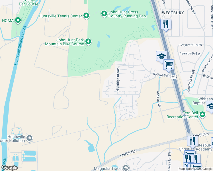 map of restaurants, bars, coffee shops, grocery stores, and more near 4012 Hunters Ridge Drive Southwest in Huntsville