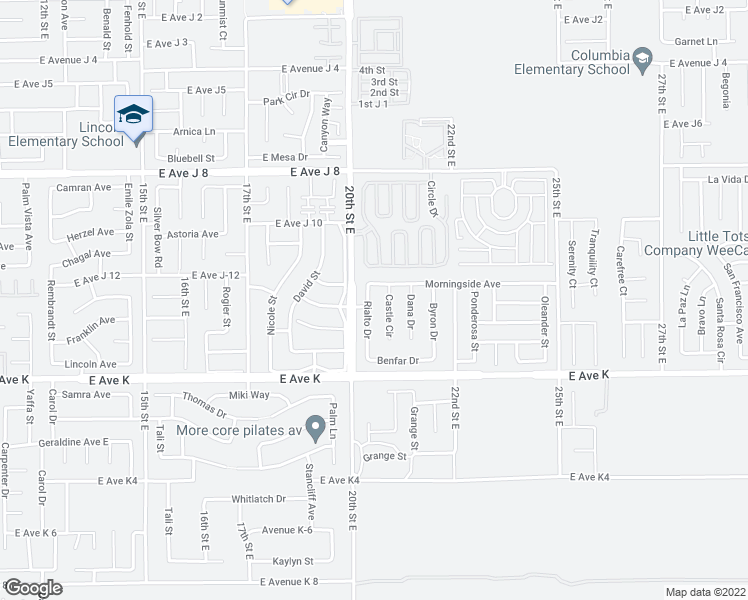 map of restaurants, bars, coffee shops, grocery stores, and more near 43734 Rialto Drive in Lancaster