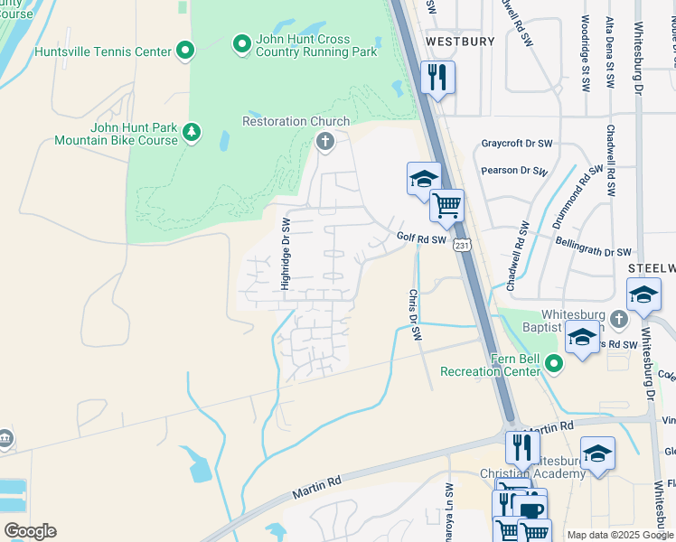map of restaurants, bars, coffee shops, grocery stores, and more near 2224 Colony Drive Southwest in Huntsville