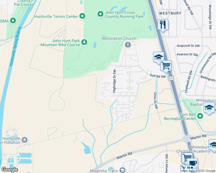 map of restaurants, bars, coffee shops, grocery stores, and more near 4015 Hunters Ridge Drive Southwest in Huntsville