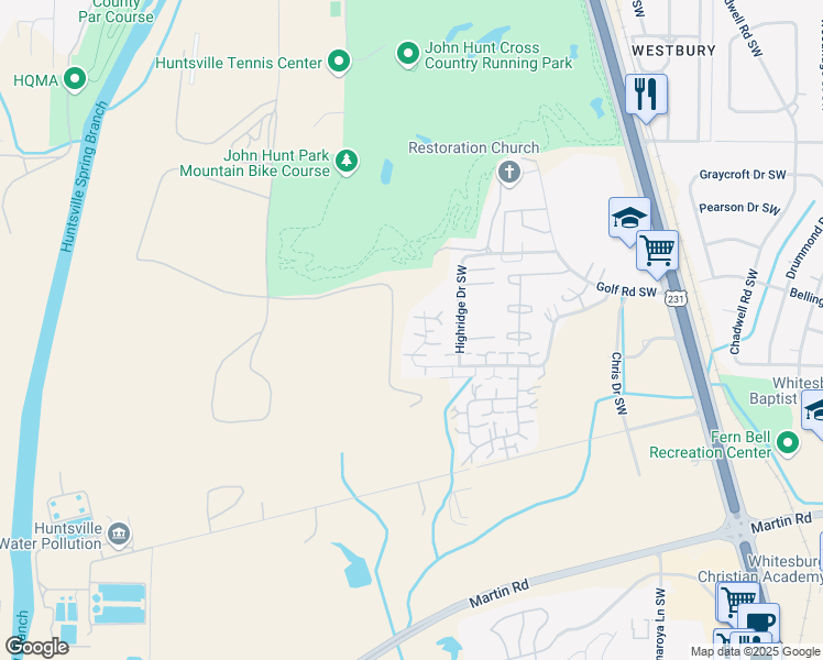 map of restaurants, bars, coffee shops, grocery stores, and more near 4008 Hunters Ridge Drive Southwest in Huntsville