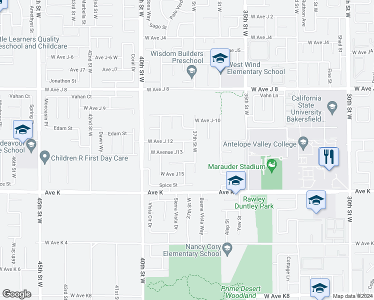 map of restaurants, bars, coffee shops, grocery stores, and more near 43738 Sierra Vista Drive in Lancaster