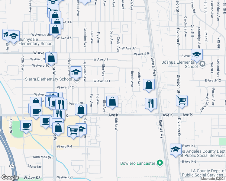 map of restaurants, bars, coffee shops, grocery stores, and more near 521 Avenue J 14 in Lancaster