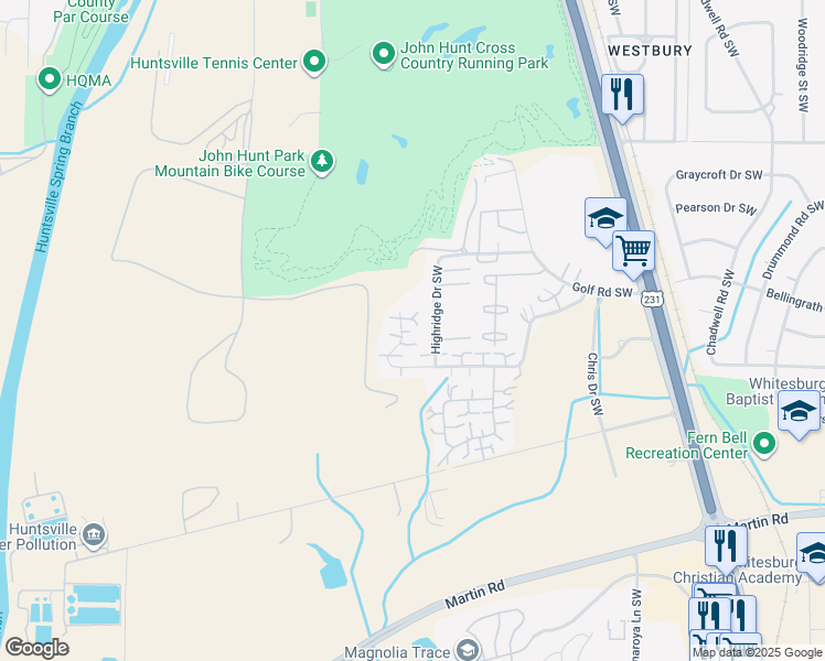 map of restaurants, bars, coffee shops, grocery stores, and more near 4015 Hunters Ridge Drive Southwest in Huntsville