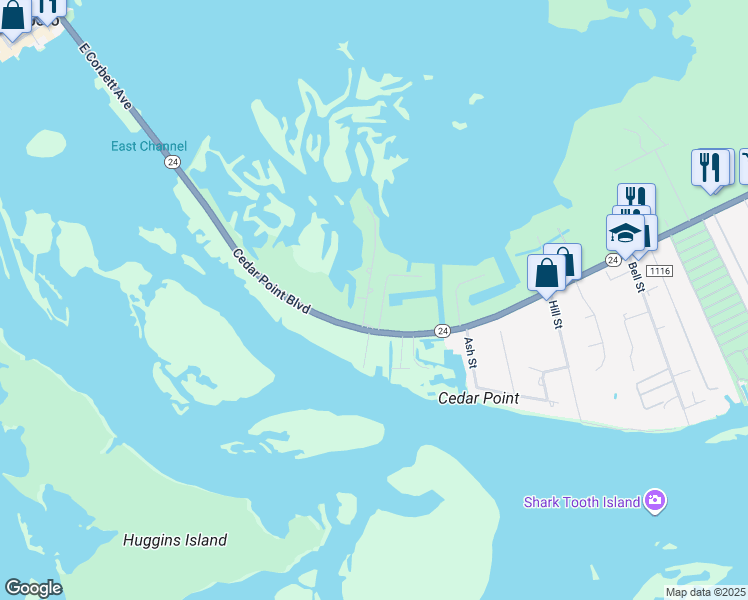 map of restaurants, bars, coffee shops, grocery stores, and more near 114 Cedar Lane in Cedar Point