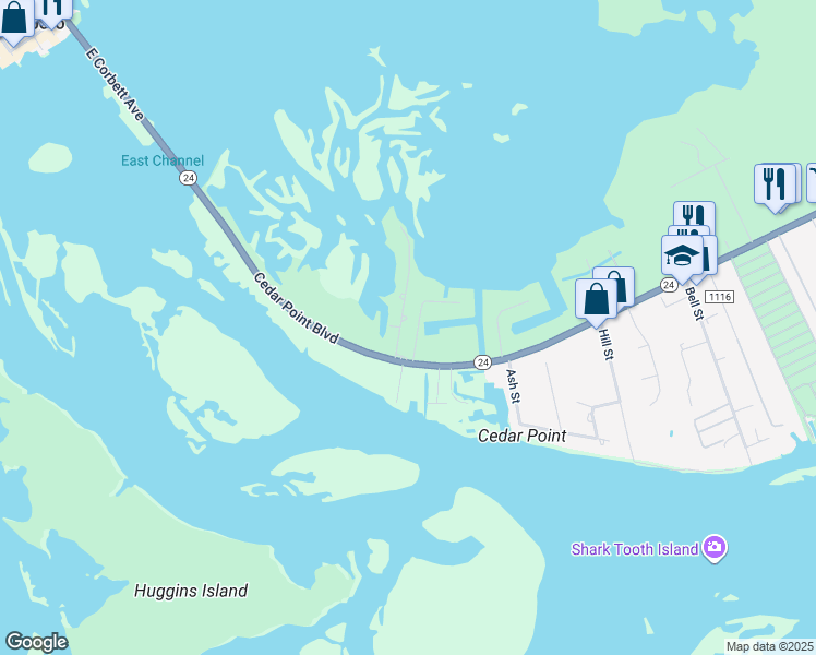 map of restaurants, bars, coffee shops, grocery stores, and more near 114 Cedar Lane in Cedar Point