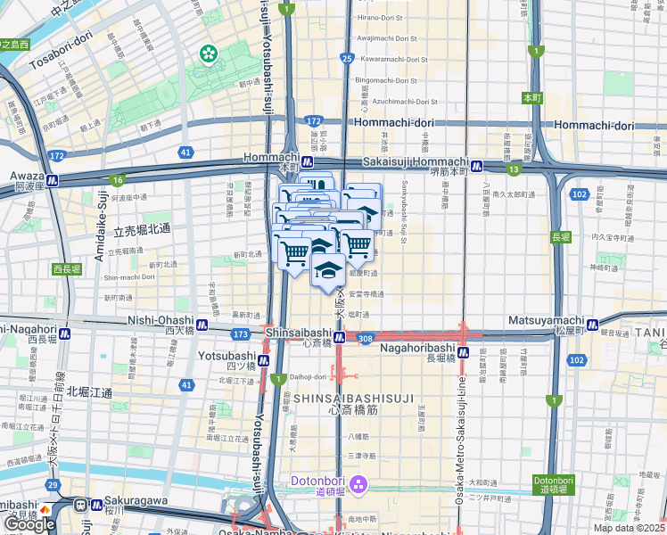 map of restaurants, bars, coffee shops, grocery stores, and more near in Osaka