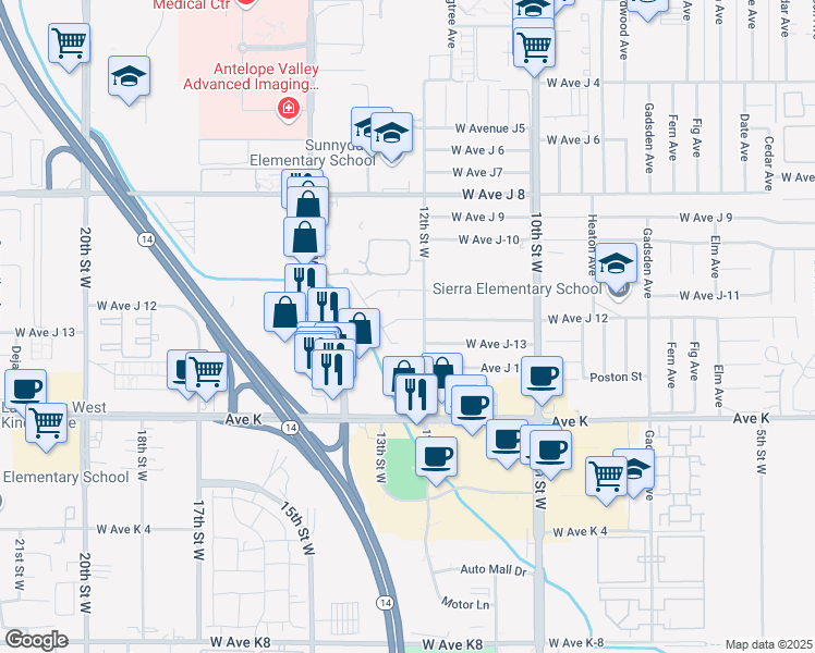 map of restaurants, bars, coffee shops, grocery stores, and more near 1216 West Avenue J 12 in Lancaster