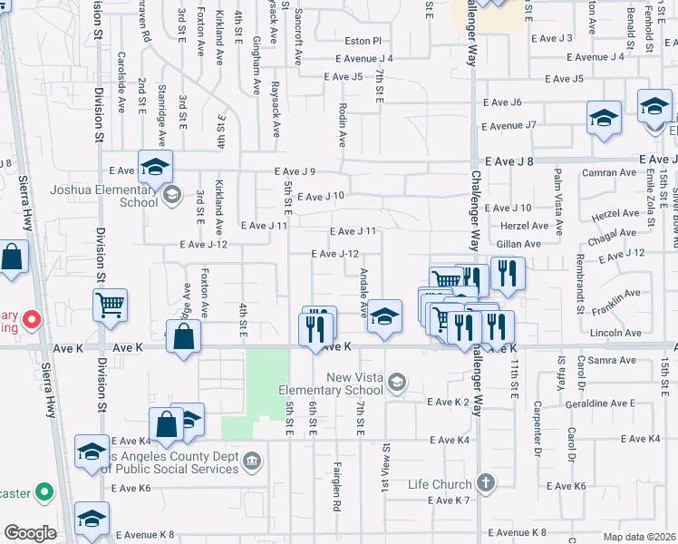 map of restaurants, bars, coffee shops, grocery stores, and more near 43731 Rodin Avenue in Lancaster