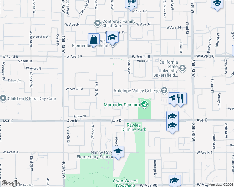 map of restaurants, bars, coffee shops, grocery stores, and more near 3541 West Avenue J13 in Lancaster