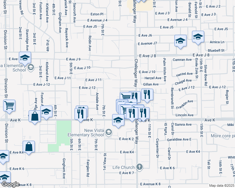 map of restaurants, bars, coffee shops, grocery stores, and more near 804 East Avenue J-12 in Lancaster