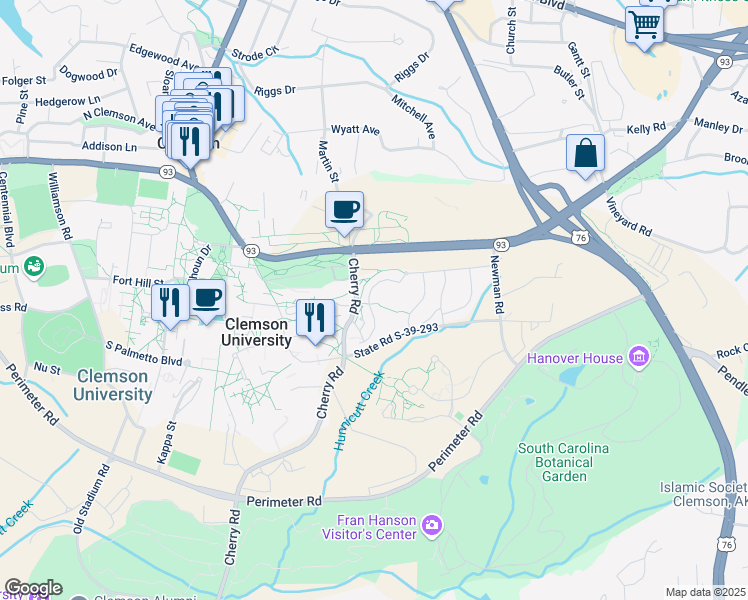 map of restaurants, bars, coffee shops, grocery stores, and more near Cherry Rd in Clemson