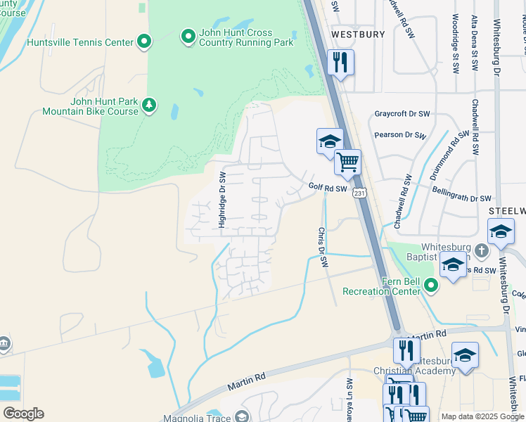map of restaurants, bars, coffee shops, grocery stores, and more near 2224 Colony Drive Southwest in Huntsville