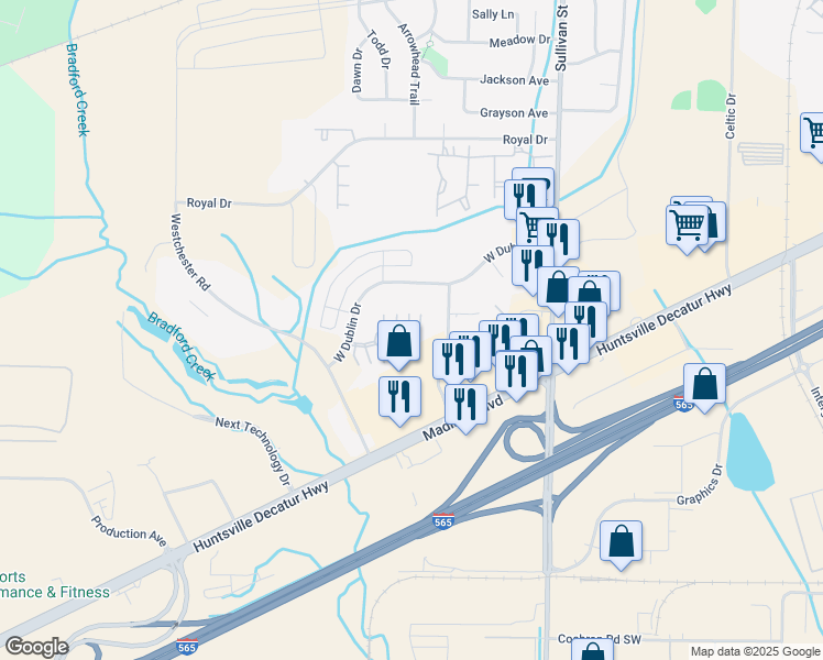 map of restaurants, bars, coffee shops, grocery stores, and more near 119 West Dublin Drive in Madison