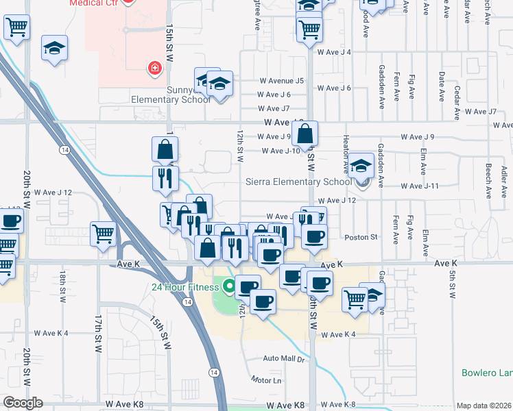 map of restaurants, bars, coffee shops, grocery stores, and more near 1132 West Avenue J 12 in Lancaster
