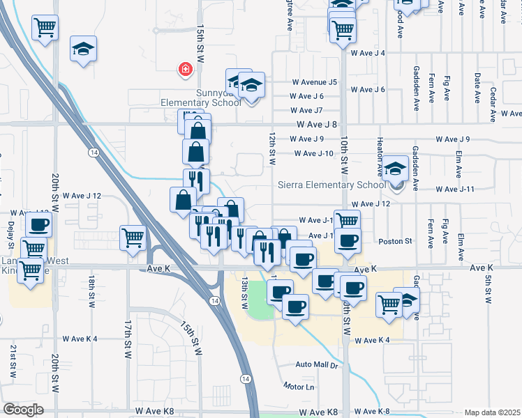 map of restaurants, bars, coffee shops, grocery stores, and more near 1216 West Avenue J 12 in Lancaster