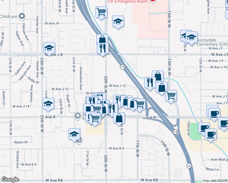 map of restaurants, bars, coffee shops, grocery stores, and more near 1800 West Avenue J 12 in Lancaster