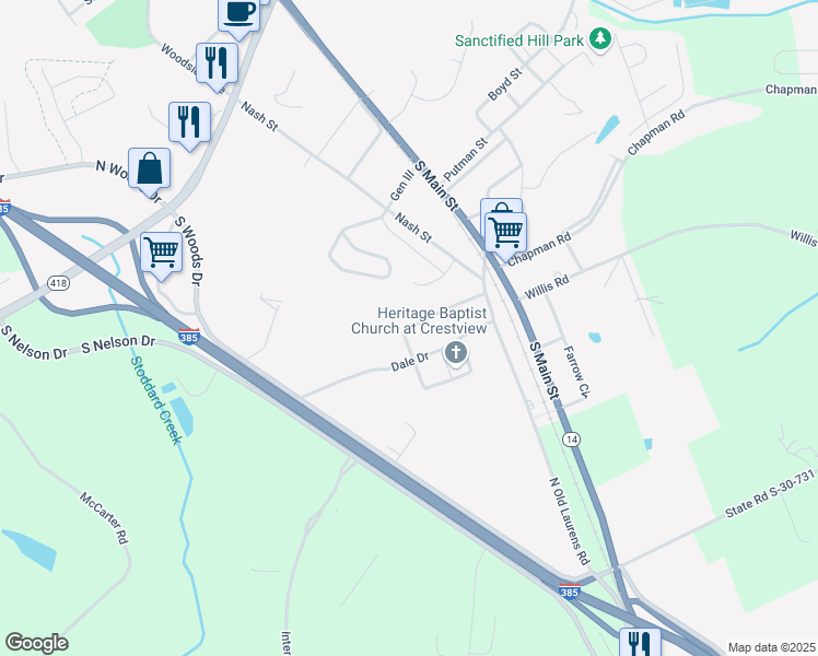 map of restaurants, bars, coffee shops, grocery stores, and more near 200 Welcome Drive in Fountain Inn