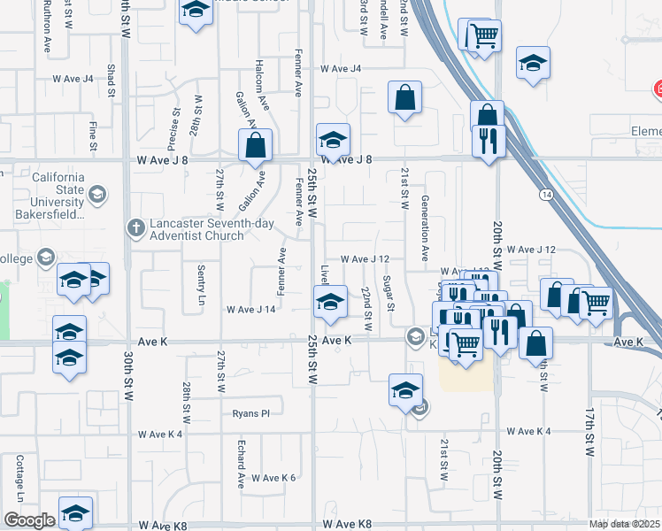 map of restaurants, bars, coffee shops, grocery stores, and more near 43770 Lively Avenue in Lancaster