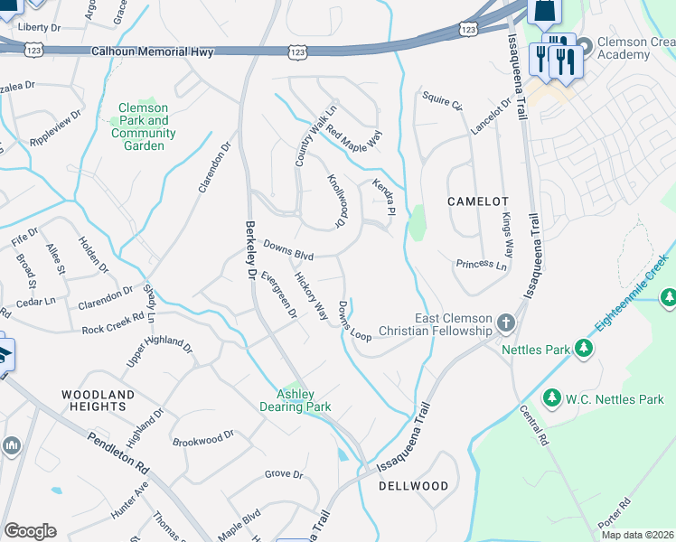 map of restaurants, bars, coffee shops, grocery stores, and more near 150 Downs Boulevard in Clemson