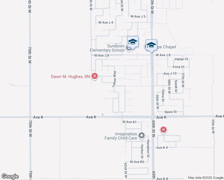 map of restaurants, bars, coffee shops, grocery stores, and more near 43749 Tahoe Way in Lancaster