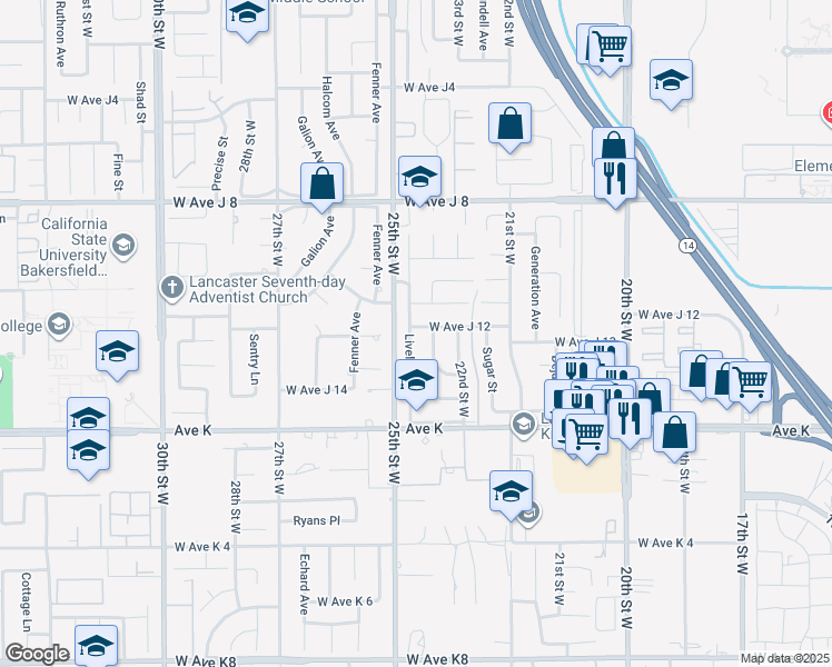map of restaurants, bars, coffee shops, grocery stores, and more near 43770 Lively Avenue in Lancaster