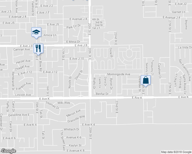 map of restaurants, bars, coffee shops, grocery stores, and more near 43742 Rialto Drive in Lancaster