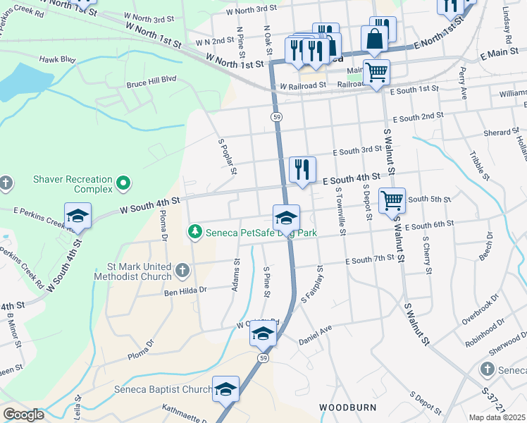 map of restaurants, bars, coffee shops, grocery stores, and more near 408 Pine Street in Seneca