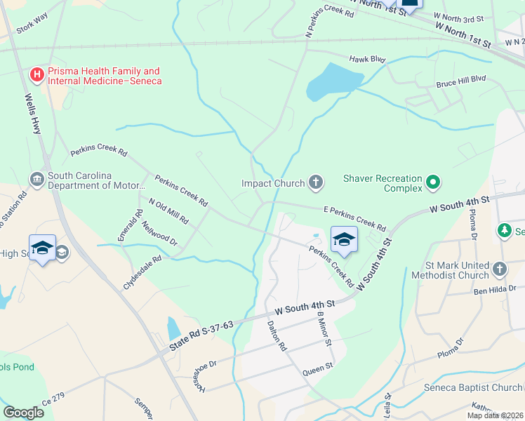 map of restaurants, bars, coffee shops, grocery stores, and more near 505 East Perkins Creek Road in Seneca
