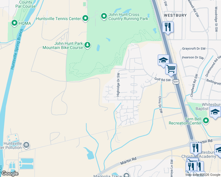 map of restaurants, bars, coffee shops, grocery stores, and more near 4015 Hunters Ridge Drive Southwest in Huntsville