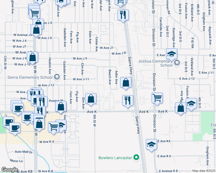 map of restaurants, bars, coffee shops, grocery stores, and more near 43735 Beech Avenue in Lancaster