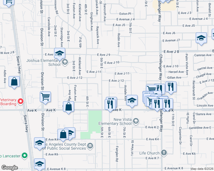 map of restaurants, bars, coffee shops, grocery stores, and more near 43733 6th Street East in Lancaster