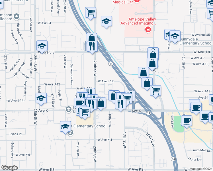 map of restaurants, bars, coffee shops, grocery stores, and more near 1812 West Avenue J 12 in Lancaster