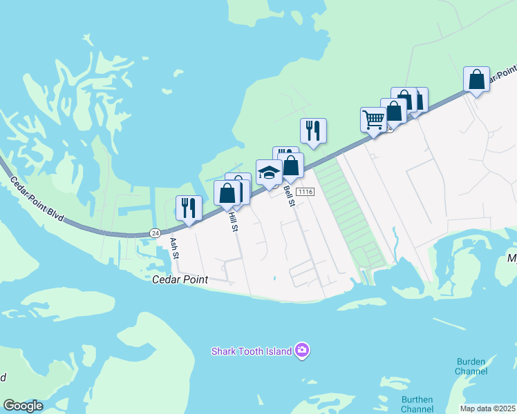 map of restaurants, bars, coffee shops, grocery stores, and more near 103 Bud's Lane in Cedar Point