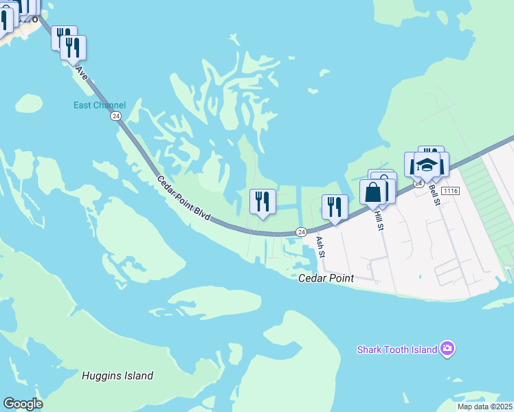 map of restaurants, bars, coffee shops, grocery stores, and more near 116 Cedar Ln in Cedar Point