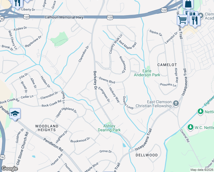 map of restaurants, bars, coffee shops, grocery stores, and more near 54 Hickory Way in Clemson