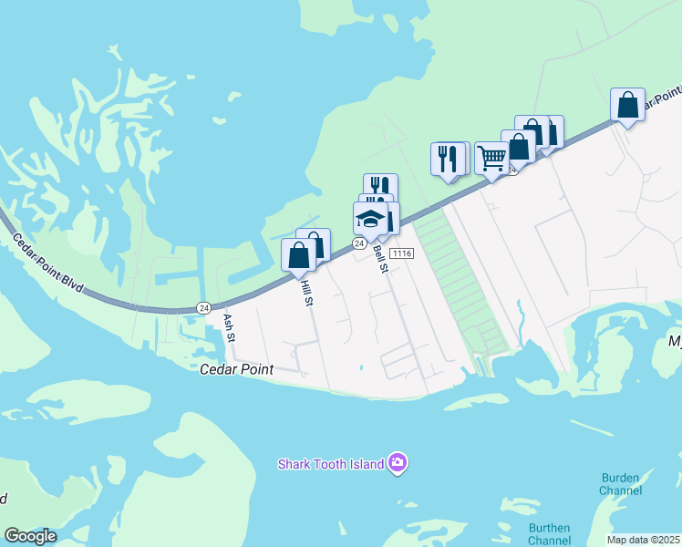 map of restaurants, bars, coffee shops, grocery stores, and more near 103 Bud's Lane in Cedar Point