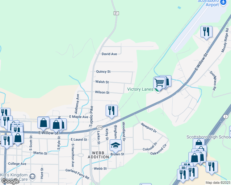 map of restaurants, bars, coffee shops, grocery stores, and more near 707 Wilson Street in Scottsboro