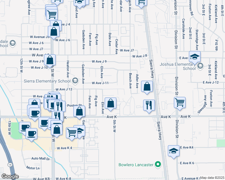 map of restaurants, bars, coffee shops, grocery stores, and more near 506 West Avenue J in Lancaster