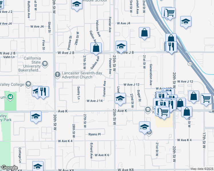 map of restaurants, bars, coffee shops, grocery stores, and more near 43804 Fenner Avenue in Lancaster