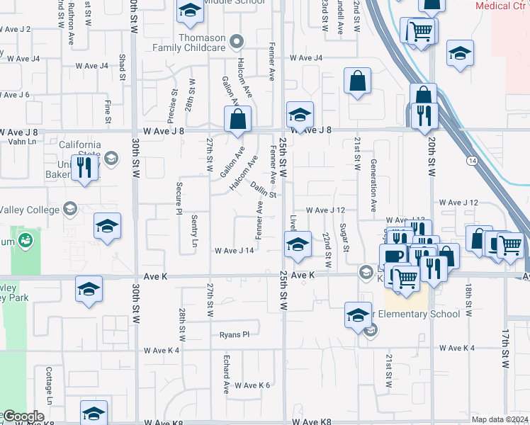 map of restaurants, bars, coffee shops, grocery stores, and more near 43804 Fenner Avenue in Lancaster
