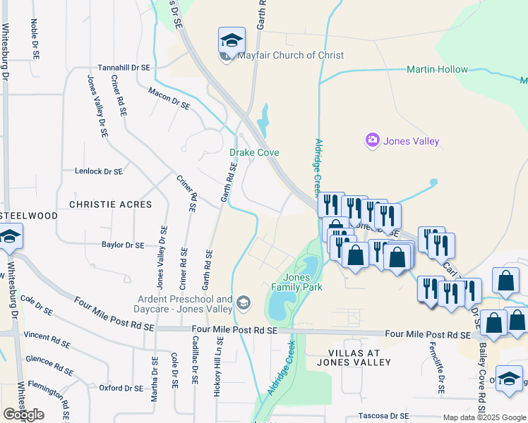 map of restaurants, bars, coffee shops, grocery stores, and more near 5046 Somerby Drive Southeast in Huntsville