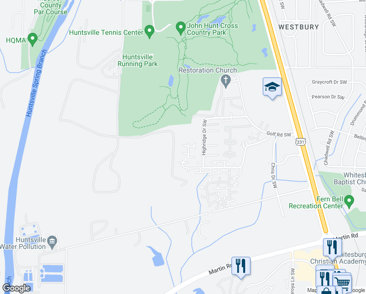 map of restaurants, bars, coffee shops, grocery stores, and more near 4008 Hunters Ridge Drive Southwest in Huntsville